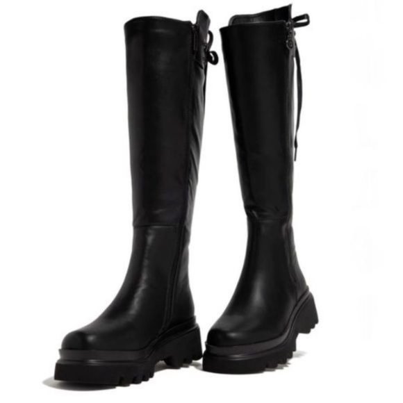 !! NEW !! Black Knee High Side Zip Combat Boots - Picture 4 of 7